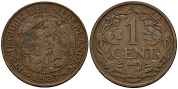 Нидерланды 1 цент 1927 Вильгельмина I (1890-1948) KM 152 бронза 4154-915