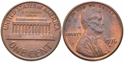 США 1 ЦЕНТ 1976 D, ЛИНКОЛЬН KM 201 медь цинк 112-417
