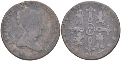 ИСПАНИЯ 8 МАРАВЕДИ 1842 ИЗАБЕЛЛА II KM 531.3 медь 3855-532