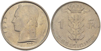 Бельгия 1 франк 1977 Belgique, Бодуэн I (1951-1993) KM 142.1 медно-никель 202-1112