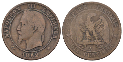 Франция 10 сантимов 1862 A, Наполеон III (1852-1870) KM 798 бронза 180-713