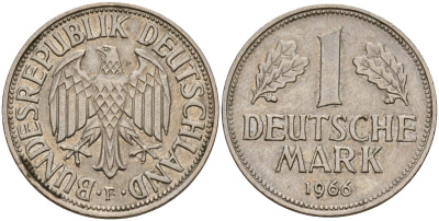 ФРГ 1 марка 1966 F KM 110, J. 385 медно-никель 4159-1055