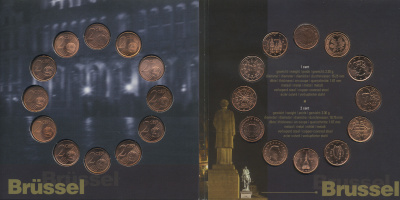 Бельгия евронабор из 24 монет + жетон 2002 12 монет по 1 евроценту, стран вступивших в Евросоюз и 12 монет по 2 евроцента, в оригинальном буклете UNC 2-5-1-27