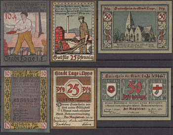 Лаге (Липпе) полный набор из 3 нотгельдов (10, 25 и 50 пфеннигов) 1921 DeNG 2 757 бумага UNC (пресс) 7556-46-1-2