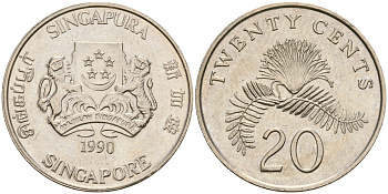 Сингапур 20 центов 1990 KM 52 медно-никель 4364-2543