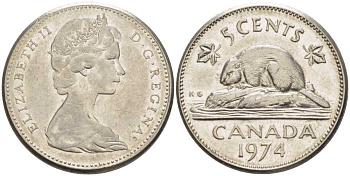 Канада 5 центов 1974 бобр, Елизавета II (1952-) KM 60.1 никель 86-927