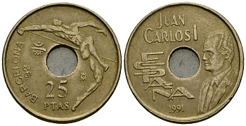 Испания 25 песет 1991 Олимпийские игры в Барселоне 1992 года, прыжки в высоту, Хуан Карлос I (1975-2014) KM 851 никель бронза 4138-1057