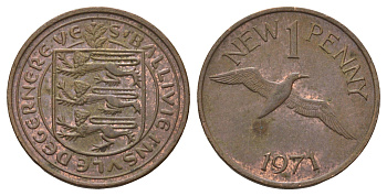 Гернси 1 новый пенни 1971 Елизавета II (1952-2022), северная олуша в полете KM 21 бронза 4682-464