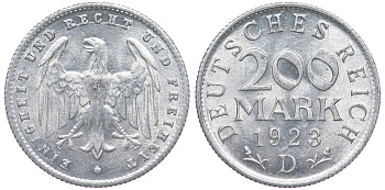 Германия 200 марок 1923 D KM 35, J. 304, Weege 22 алюминий 4604-611