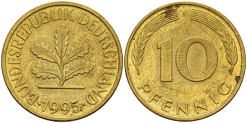 ФРГ 10 пфеннигов 1995 F J. 383, KM 108 сталь плакированная латунью    4603-716