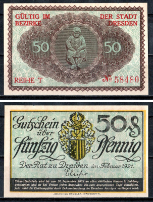 Дрезден (Саксония) 50 пфеннигов 1921 Mehl Grabowski D30.3 бумага UNC (пресс) 7555-55-3-2
