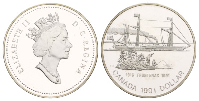 Канада 1 доллар 1991 175 лет пароходу "Фронтенак" KM 179 серебро PROOF 413-4423