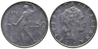 Италия 50 лир 1979 R, бог огня Вулкан у наковальни KM 95.1 нержавеющая сталь    4606-136