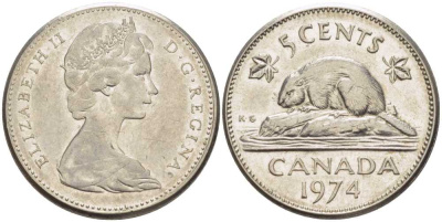 Канада 5 центов 1974 бобр, Елизавета II (1952-) KM 60.1 никель 86-927