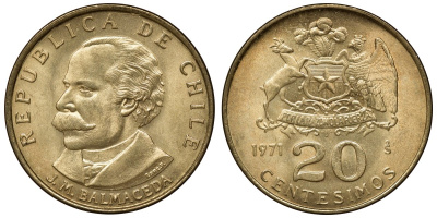Чили 20 сентесимо 1971 KM 195 алюминиевая бронза aUNC M54-11