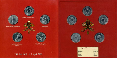 Мальтийский Орден набор из 5 монет по 1 лире 2005 на смерть Папы Иоанна Павла II (18 мая 1920 - 2 апреля 2005), в картонном буклете медно-никель UNC 00-00