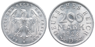 Германия 200 марок 1923 D KM 35, J. 304, Weege 22 алюминий 4604-611