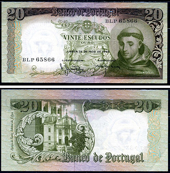 Португалия 20 эскудо 1964 Антоний Падуанский Pick 167 b (7) бумага aUNC 8564-5-1-1