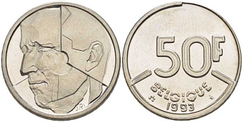 БЕЛЬГИЯ 50 ФРАНКОВ 1993 BELGIQUE, БОДУЭН I (1951-1993) KM 168 никель 210-1011