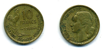 ФРАНЦИЯ 10 ФРАНКОВ 1958 KM 915.1 алюминиевая бронза 84-254
