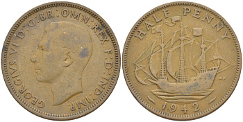 Великобритания 1/2 пенни 1942 Георг VI (1936-1952) KM 844, Spink 4115 бронза 4538-235