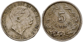 Люксембург 5 сантимов 1901 герцог Адольф (1890-1905) KM 24 медно-никель 4602-332