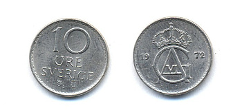 Швеция 10 эре 1972 Густав VI Адольф (1950-1973) KM 835 медно-никель 51-5222