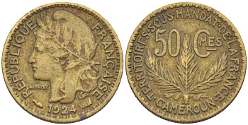Французский Камерун 50 сантимов 1924 (а), монетный двор Париж KM 1 алюминиевая бронза 71-343