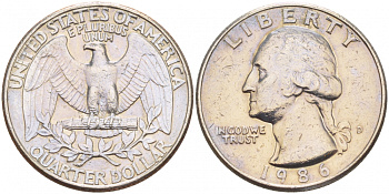 США 25 ЦЕНТОВ = КВОТЕР 1986 D, ВАШИНГТОН KM А164а медь плакированная медно-никелем 4546-526