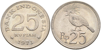 Индонезия 25 рупий 1971 венценосный голубь KM 34 медно-никель 92-912