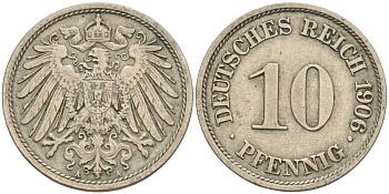 ГЕРМАНИЯ 10 ПФЕННИГОВ 1906 A KM 12, J. 13 медно-никель 34-816
