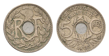 Франция 5 сантимов 1935 KM 875 медно-никель 4623-835