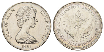 Остров Мэн 1 крона 1981 приз герцога Эдинбургского, мотоспорт, яхтинг, скалолазание КМ 76 медно-никель UNC 4386-231
