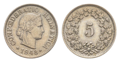Швейцария 5 раппенов 1948 B KM 26 медно-никель 4627-842