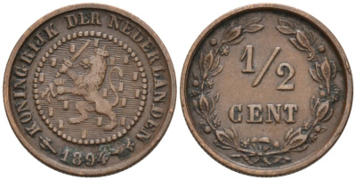 Нидерланды 1/2 цента 1894 Вильгельмина (1890-1948) KM 108 бронза 4576-132