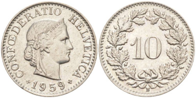 ШВЕЙЦАРИЯ 10 РАППЕНОВ 1959 В KM 27 медно-никель 55-321
