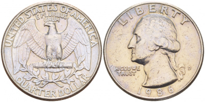 США 25 ЦЕНТОВ = КВОТЕР 1986 D, ВАШИНГТОН KM А164а медь плакированная медно-никелем 4546-526