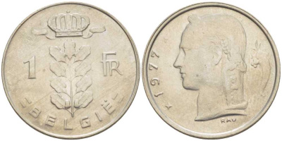 БЕЛЬГИЯ 1 ФРАНК 1977 BELGIE, БОДУЭН I (1951-1993) KM 143.1 медно-никель 213-355