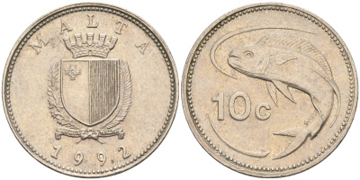 Мальта 10 центов 1992 золотая макрель KM 96 медно-никель 4588-235