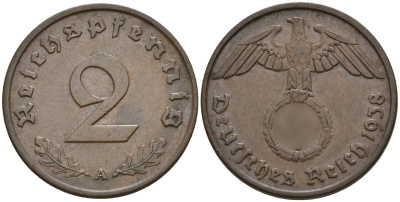 Германия 2 рейхспфеннига 1938 A KM 90, J. 362 бронза 4147-1261