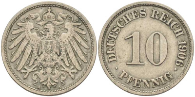 ГЕРМАНИЯ 10 ПФЕННИГОВ 1906 A KM 12, J. 13 медно-никель 34-816