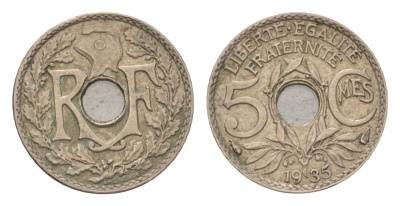 Франция 5 сантимов 1935 KM 875 медно-никель 4623-835
