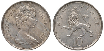 Великобритания 10 пенсов 1979 Елизавета II (1952-2022) KM 912, Spink 4231 (F1) медно-никель 4131-344