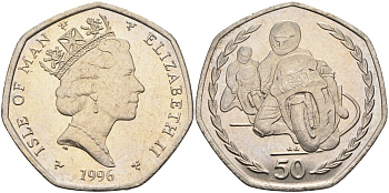 Остров Мэн 50 пенсов 1996 АА, мотогонки, Елизавета II (1952), диаметр 30 мм. KM 593 медно-никель BUNC 00-807-24