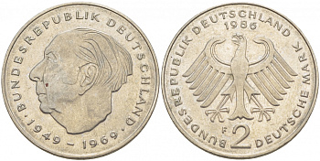 ФРГ 2 МАРКИ 1986 F, ТЕОДОР ХОЙС KM 127, J. 407 медно-никель плакированный никелем 3996-854