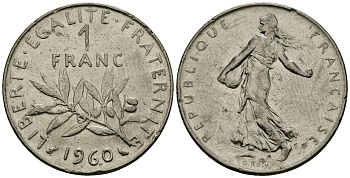 Франция 1 франк 1960 сеятель KM 925.1, Le Franc 226.4 никель 4138-246