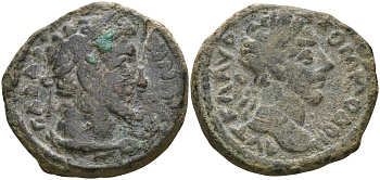 Римская Империя, Провинция Аравия, Гадара AE 177 - 192 Коммод, бюст императора / голова Геракла-Мелькарта ( R ) Spijkerman 62 бронза 1100-6-25