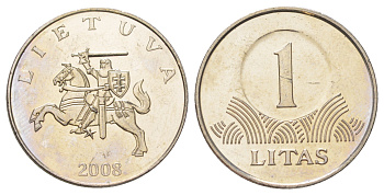 Литва 1 лит 2008 KM 111 медно-никель UNC 4624-715