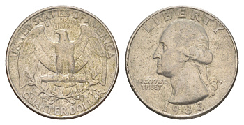 США 25 центов = квотер = 1/4 доллара 1983 P, Джордж Вашингтон KM 164a медь плакированная медно-никелем 4652-446