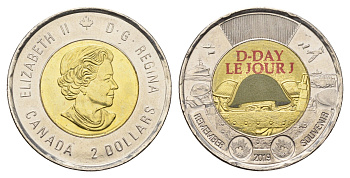 Канада 2 доллара 2019 75 лет высадке союзников в Нормандии, Цветное покрытие KM 2764.2 биметалл UNC 108-853